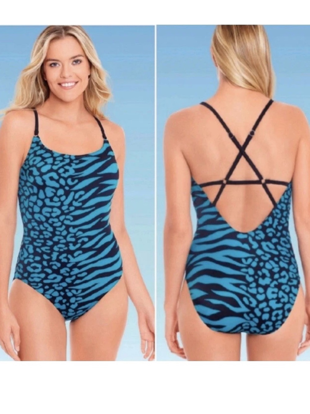 Beach Betty teal swimsuit with leopard and zebra print